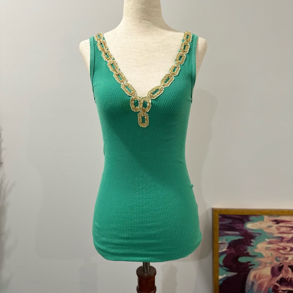 Vintage Green Tank Top with Gold Detailing